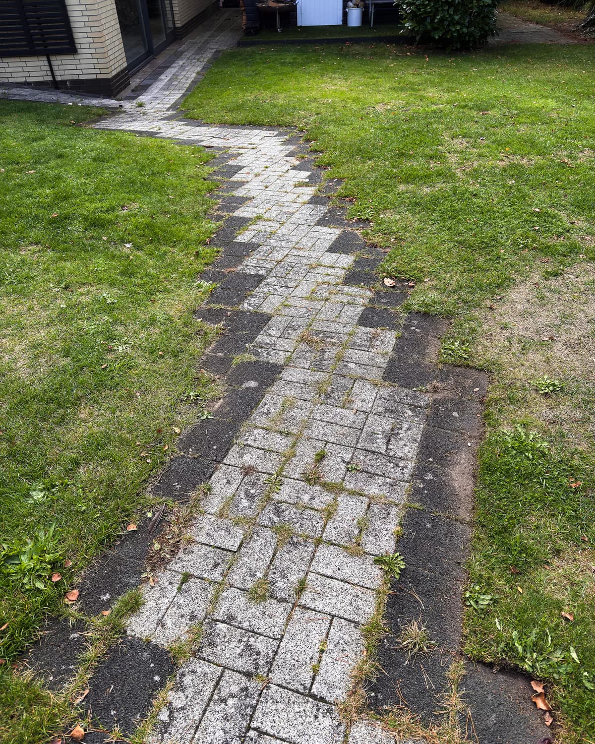 Gartenweg aus Betonstein in Hamburg mit Moos und Grünbelag vor der Reinigung