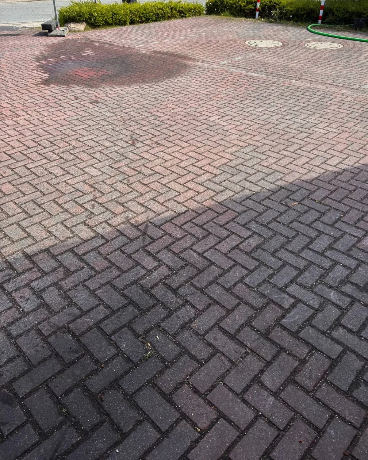 Parkplatz aus rotem Betonpflaster im Fischgrätverband in Heikendorf mit Grünbelag vor der Reinigung